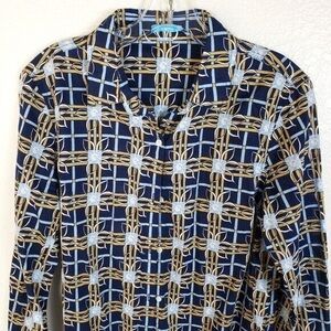 J. McLaughlin Navy and Gold Geometric Patterned Blouse
